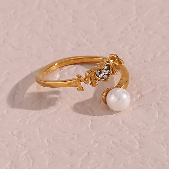 Mom Adjustable Pearl Zircon Heart Stackable Ring 18K Gold Plated Stainless Steel - Picture 3 of 11